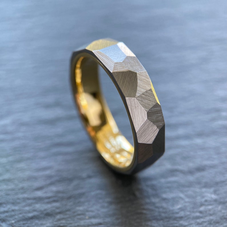 Stainless Steel & Solid Gold Faceted Ring 9ct Solid Gold Lined Wedding Band Industrial Rough Hammered Mens/Ladies Sizes Engraved image 5