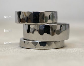Hammered Stainless Steel Ring - Hand Forged 8mm Wide Band
