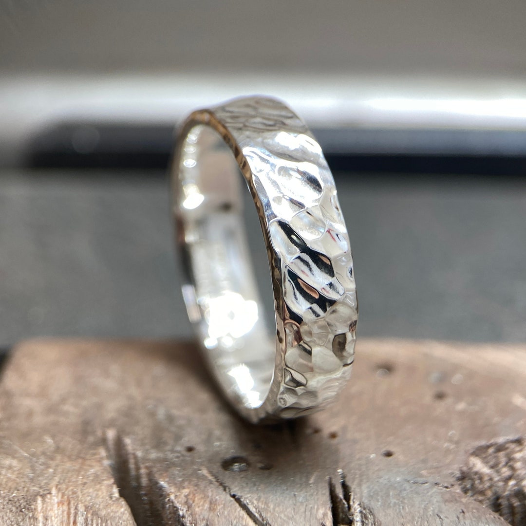 指輪・リング Hammered Sterling Silver925 Wide Ring / Band with Semi Matte Hammered Sterling Silver Wide Band Ring – Boho Magic Jewelry