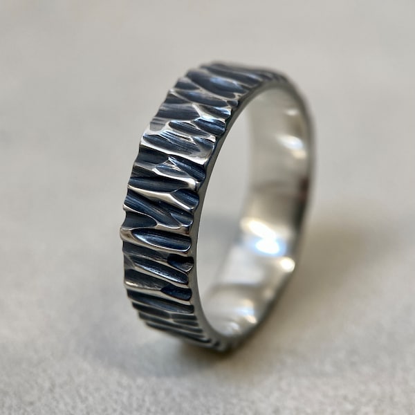 Tree Bark Textured Argentium Silver Ring - Oxidised Finish - 3-6mm wide - Industrial Viking Style Band - Engraved Inside