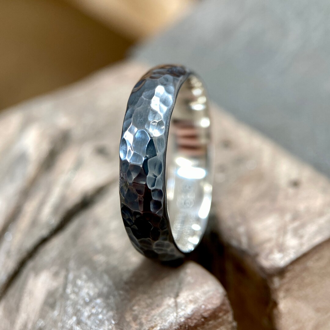 Oxidised Hammered Argentium Silver Domed Ring 3mm to 6mm