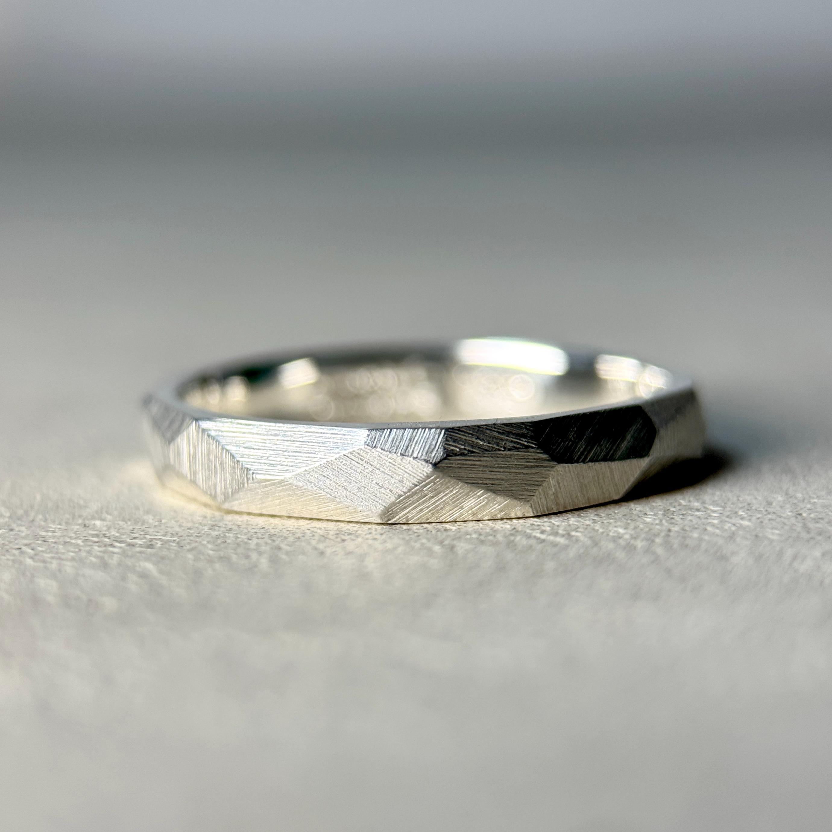 Faceted Argentium Silver Ring - 3mm Slim Textured Band - 935