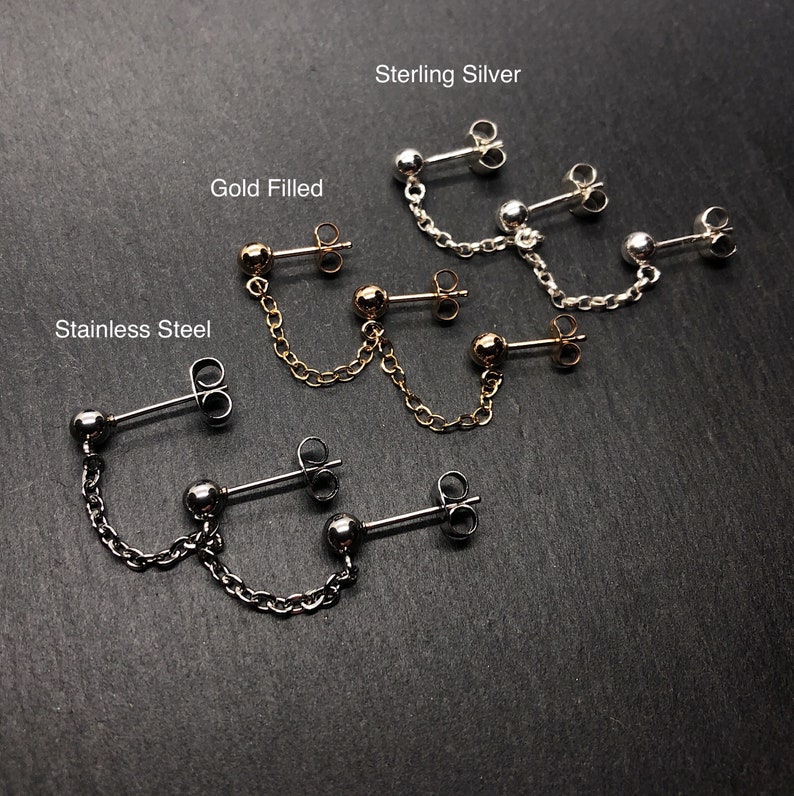 Triple stud earlobe piercing Sterling Silver/Gold Filled/Stainless Steel Industrial minimal chain earrings Handmade in the UK image 2
