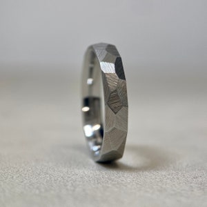 Faceted Stainless Steel Ring 4mm Industrial Rough Textured Band Ring Geometric Minimalist Mens or Ladies Sizes Handmade in the UK image 4