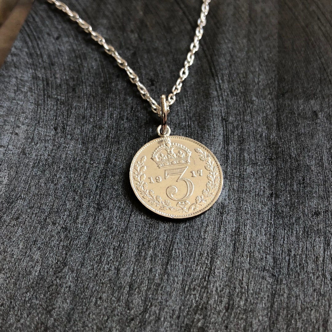 Silver Threepence Coin Necklace Lucky Coin Pendant British Medallion Mens Ladies Layering Chain
