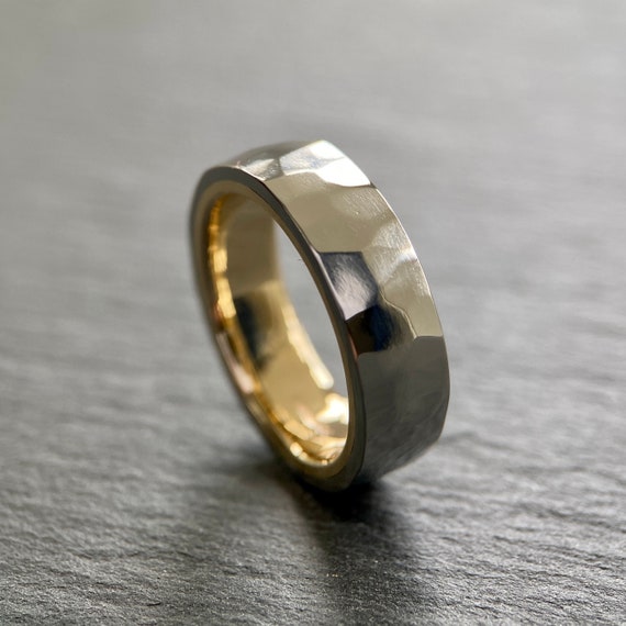 Hammered Stainless Steel 9ct Gold Ring: Hand Forged Wedding Band, Engraved