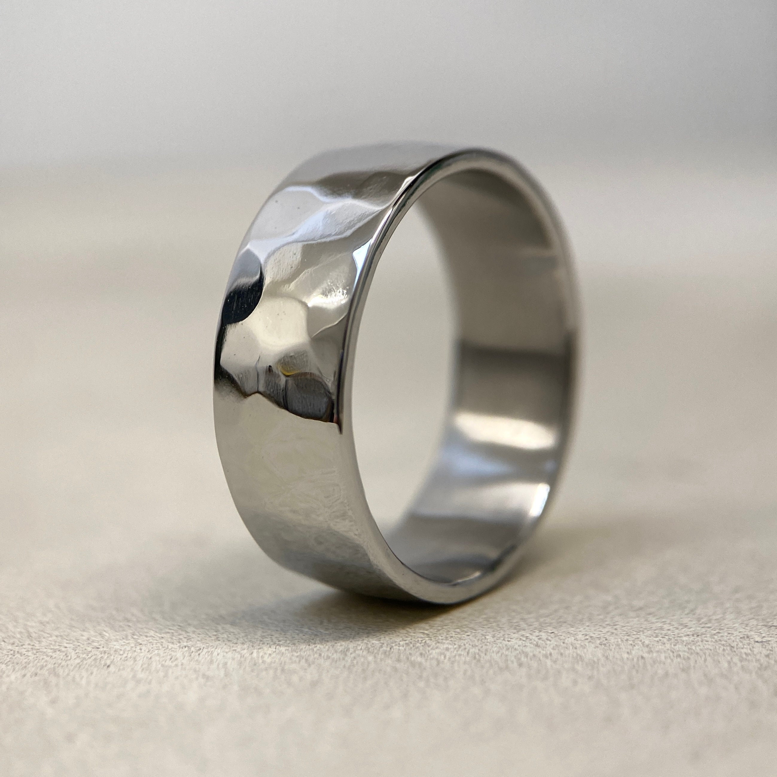 Hammered Stainless Steel Ring - Hand Forged 8mm Wide Band