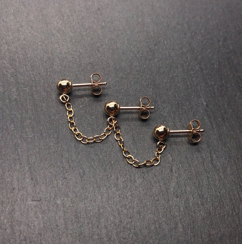 Triple stud earlobe piercing Sterling Silver/Gold Filled/Stainless Steel Industrial minimal chain earrings Handmade in the UK image 4