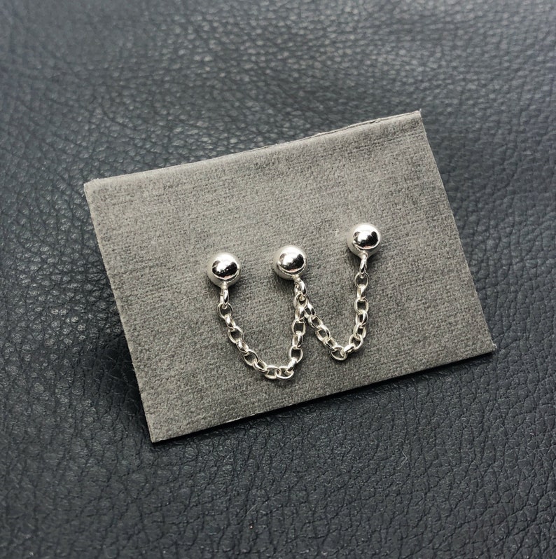 Triple stud earlobe piercing Sterling Silver/Gold Filled/Stainless Steel Industrial minimal chain earrings Handmade in the UK image 3