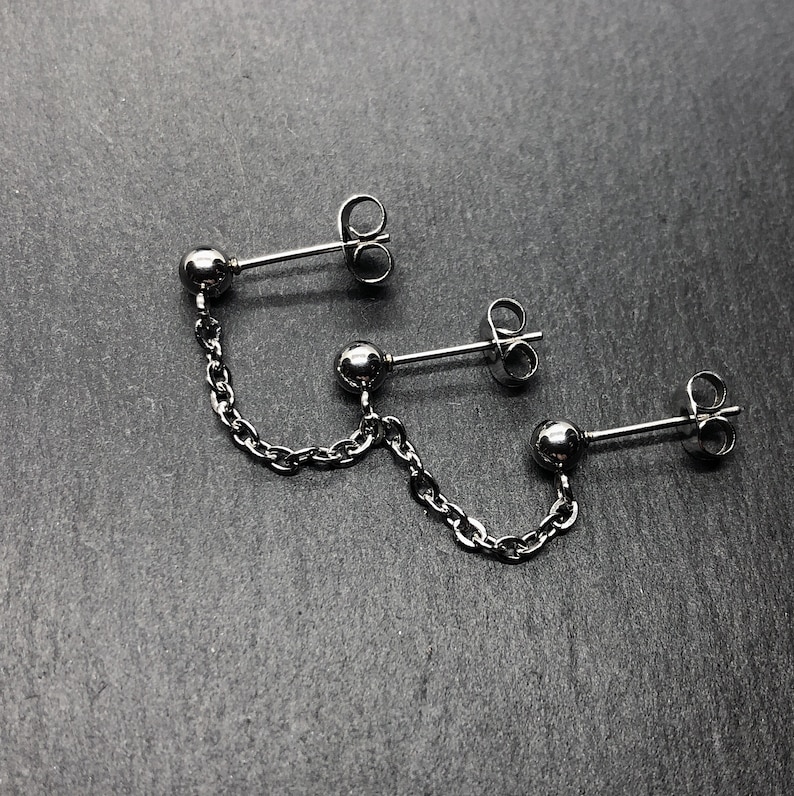 Triple stud earlobe piercing Sterling Silver/Gold Filled/Stainless Steel Industrial minimal chain earrings Handmade in the UK image 5