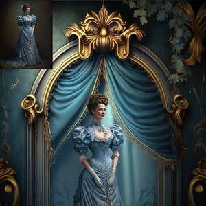 May include: A woman in a light blue Victorian-era gown with puffed sleeves and a fitted bodice. The dress features intricate lace details and a flowing skirt. She wears white gloves and stands in front of a teal backdrop with gold accents, evoking a sense of historical elegance.