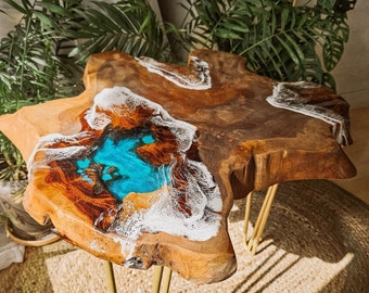 Exotic Coffee Table, Teak Wood, Resin Waves, Boho Furniture, Irregular shape table