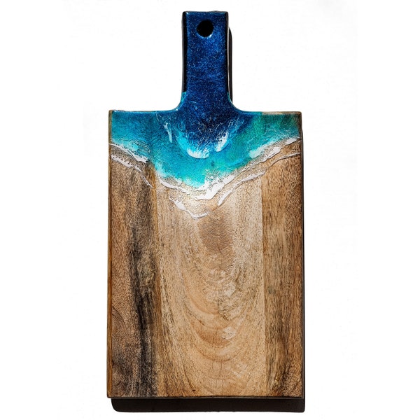 Planche en bois de manguier, résine inspirée de l'océan, style côtier, support en bois, cuisine boho, service de nourriture 52x22x2cm