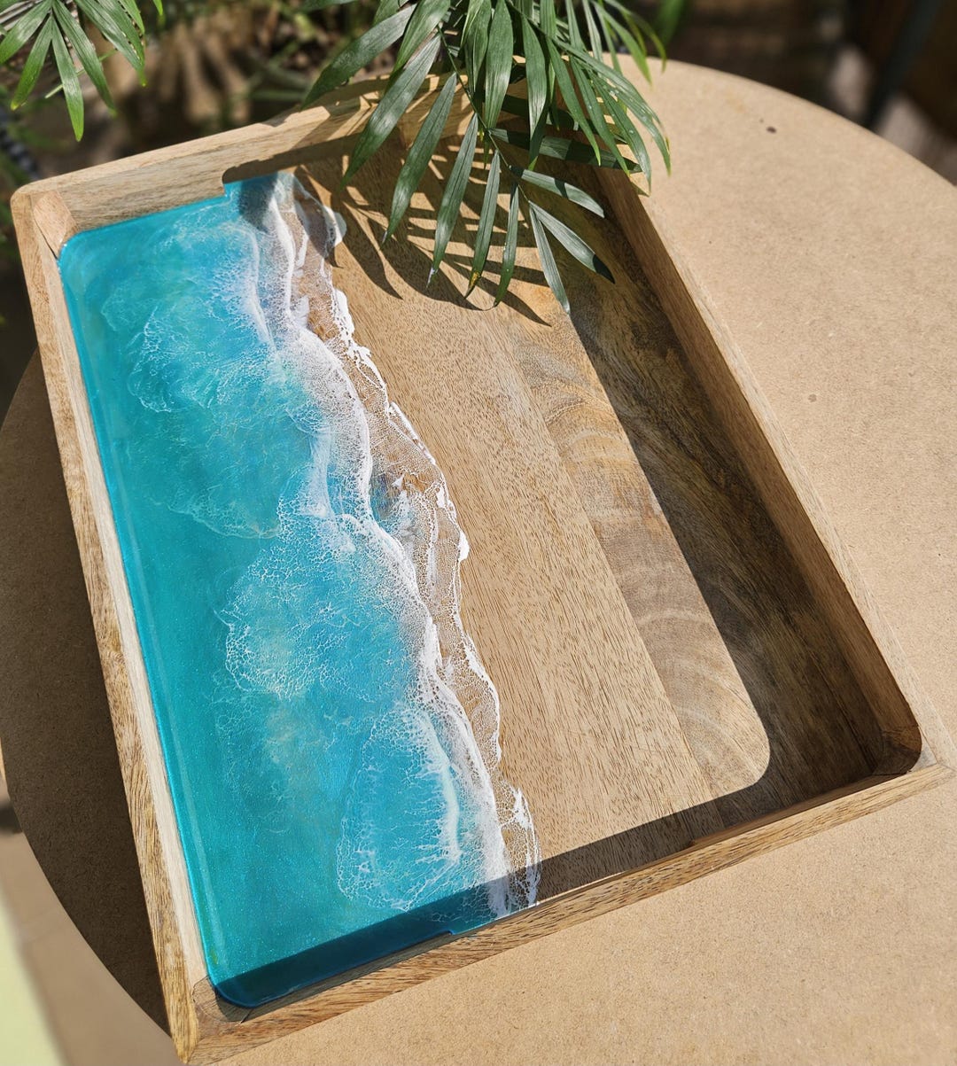 Decoupage Wooden Tray With Santorini Fish Design 30x40 main image 0