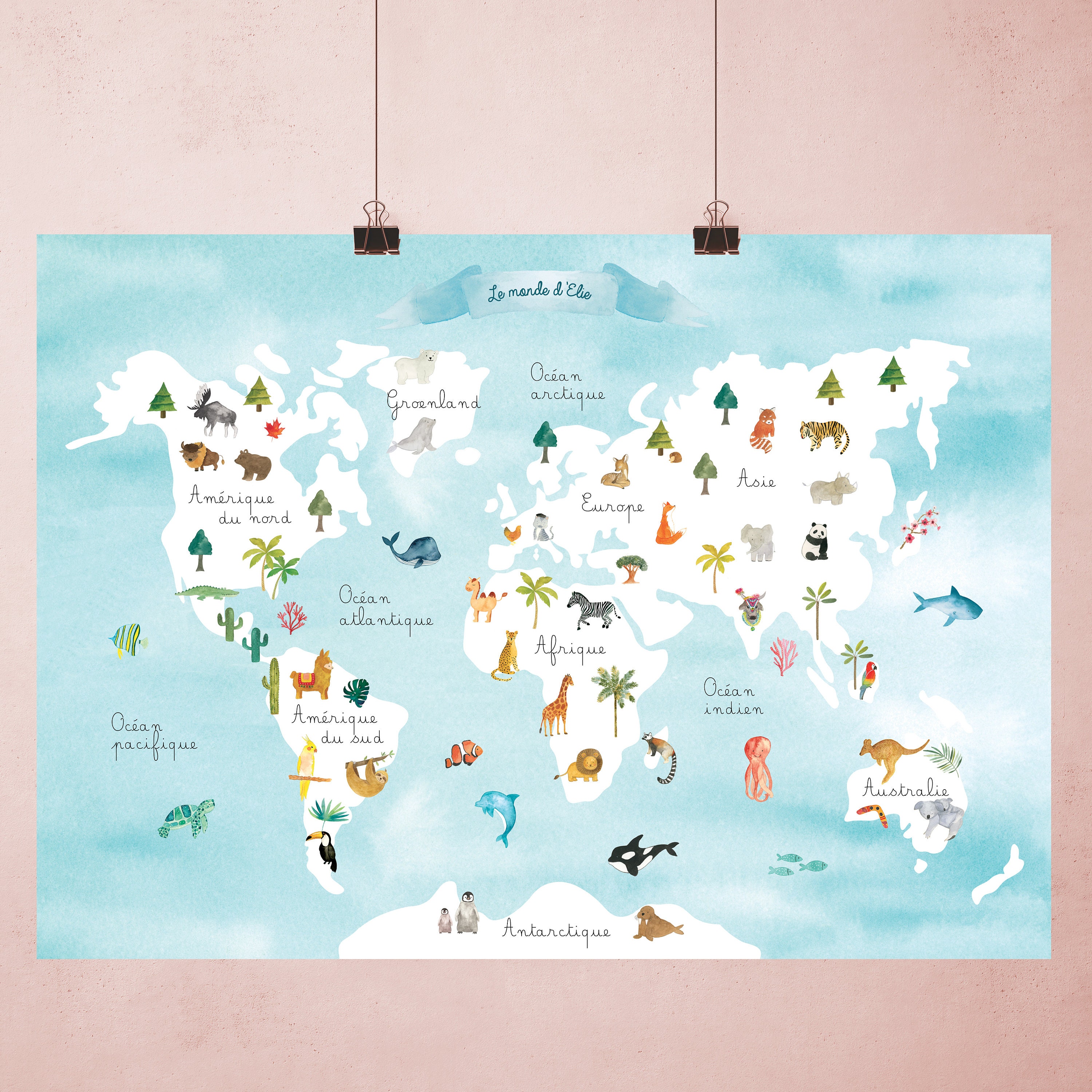 Carte du monde en liège - Woody Map Aquarelle New Classic / 90 x 60 cm /  Cadre blanc