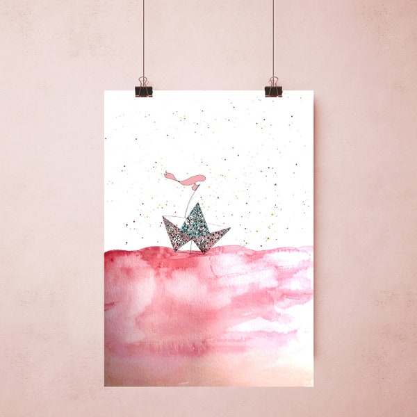 Illustrations Aquarelle Bateau en papier sur mer rose