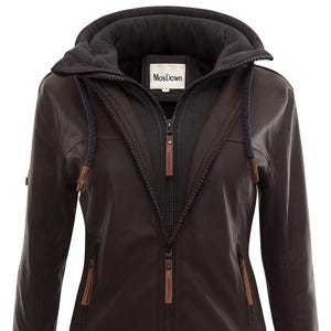 Brown Faux Leather Hooded Moto Jacket: Windbreaker Biker Coat