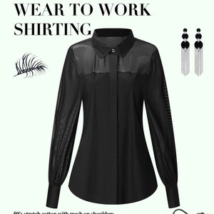 Womens Black Cotton Long Sleeve Blouses Woman Casual Top-Buttoned Shirt - Women&#39;s Minimalist Top-Button Down Shirt-