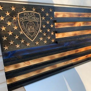 Challenge Coin Display Thin Blue Line Flag, American Flag, Freedom, Wooden Flag