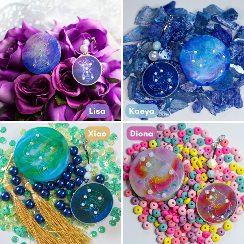 May include: Four sets of circular charms and matching round ornaments featuring character-inspired designs. Each set includes a larger disc and a smaller charm with white line art, small beads, and metallic clasps, labeled Lisa, Kaeya, Xiao, and Diona.