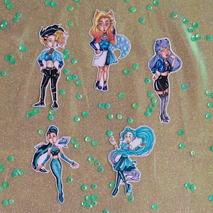 Kawaiistickers, stickerpakket, competitiestickers, holografische stickers, K-pop, Idol, Kda, Evelynn, Ahri, Akali, Seraphine Kaisa League Legends