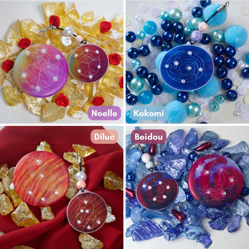 May include: Four sets of circular acrylic charms featuring character-inspired designs. Each set includes a larger disc and a smaller pendant with white line art, constellations, and beads. The charms are labeled Noelle, Kokomi, Diluc, and Beidou.