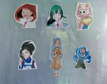 Pegatinas holográficas y de chicas anime: Hero Academia, estudiantes, profesoras y villanas.