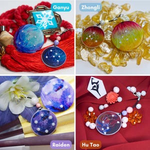 May include: A collection of four sets of circular resin charms featuring Ganyu, Zhongli, Raiden, and Hu Tao themes. Each charm displays intricate line art, small embedded beads, and vibrant color gradients, accompanied by decorative tassels and beads.