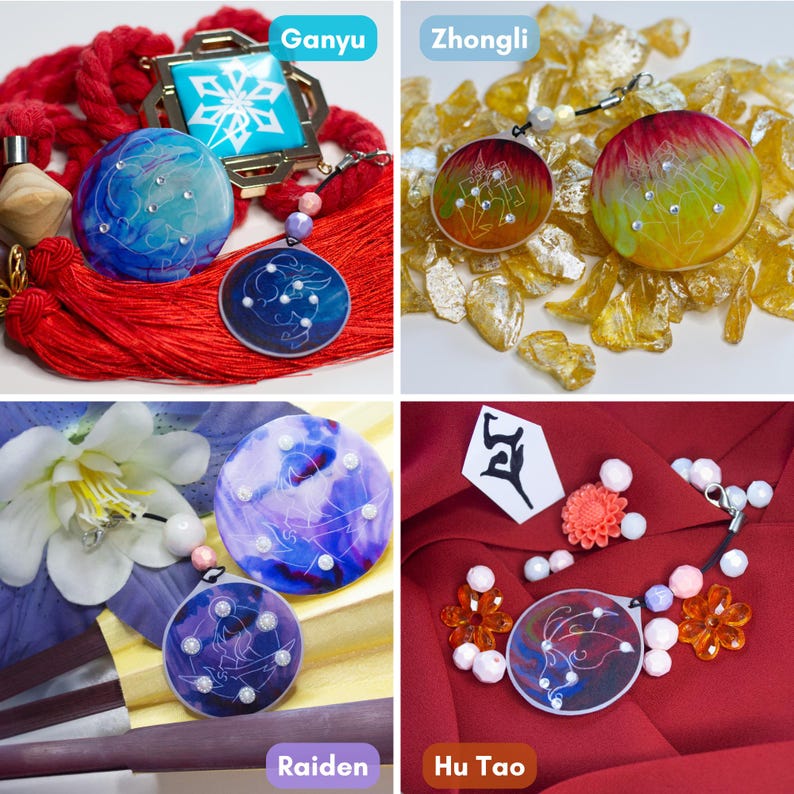 May include: A collection of four sets of circular resin charms featuring Ganyu, Zhongli, Raiden, and Hu Tao themes. Each charm displays intricate line art, small embedded beads, and vibrant color gradients, accompanied by decorative tassels and beads.