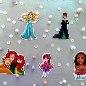 Prinsesstickers, holografische stickers, Arandelle, zeemeermin, Merida, kreunen, handgemaakte stickers, schattige stickers, Rapunzel, ijszussen, zwaartekracht