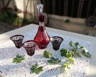 Vintage Romanian Ruby Red Crystal Decanter Set: 1970s Barware