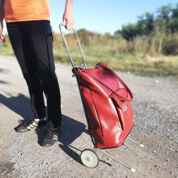 panier vintage - Chariot en métal - Chariot avec sac en cuir - Chariot à main - Panier à roulettes - Vieux chariot à bagages - Achats élégants