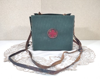 Vintage 70s Military Medical Bag: Faux Leather Army First Aid Box