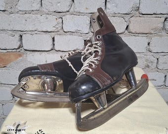 Vintage Men's Leather Ice Skates METEOR 100, Black Brown Hockey Figure Skating Size 26
