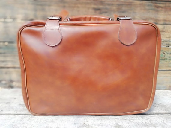 Vintage leather suitcase from 70s, Brown small su… - image 10