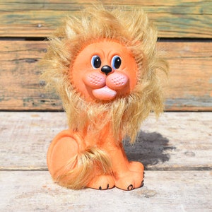 Vintage 70s Rubber Lion Toy: Orange Baby Doll, Collector&#39;s Decor