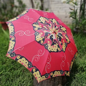 Vintage umbrella from 70s Multicolored umbrella Old umbrella from fabric and plastic handle Children umbrella Rain accessory Gift image 1