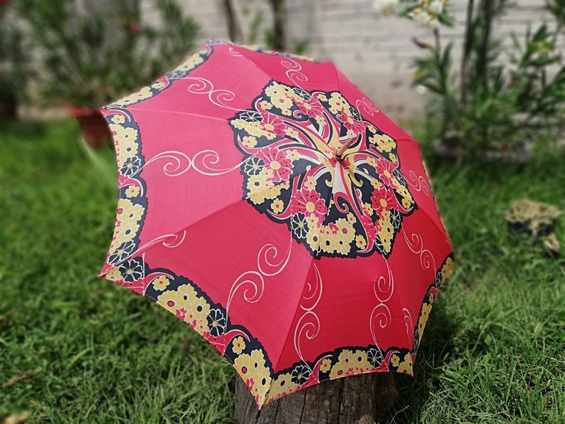 Vintage umbrella from 70s Multicolored umbrella Old umbrella from fabric and plastic handle Children umbrella Rain accessory Gift image 1