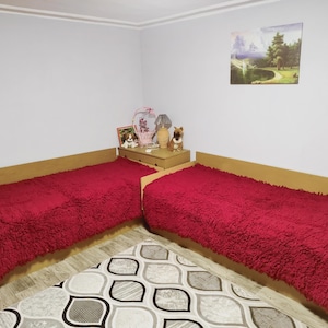 Handwoven Flokati Rug Set: Red Shaggy Wool Blankets, Bulgarian Decor