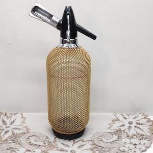 Vintage syphon seltzer bottle - Gold mesh glass bottle - Sparkling water seltzer dispenser - Retro soda syphon - Czech soda maker - Barware