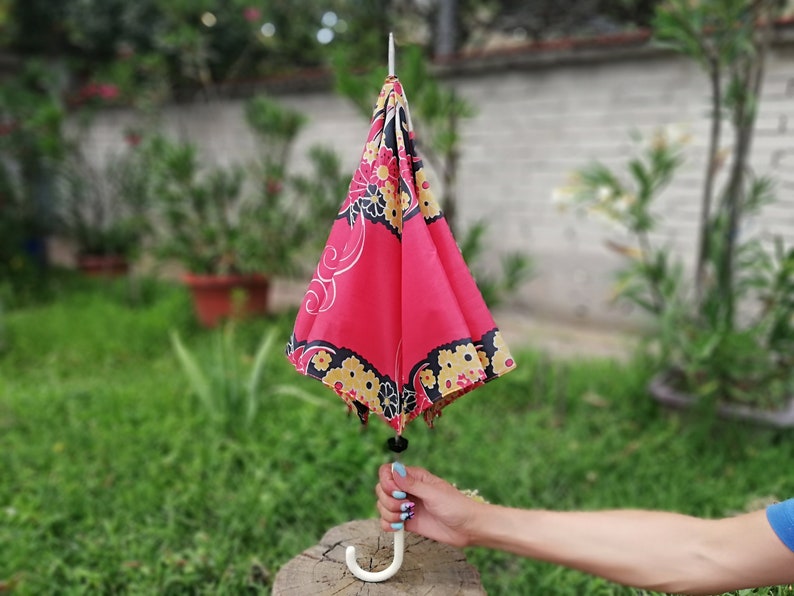 Vintage umbrella from 70s Multicolored umbrella Old umbrella from fabric and plastic handle Children umbrella Rain accessory Gift image 9