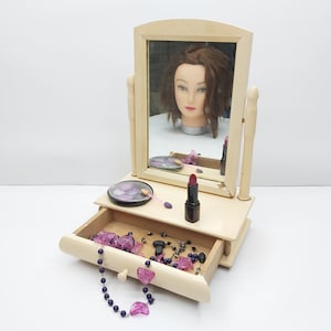 Vintage wooden dressing table with mirror - Shaving mirror with drawer table top - Vanity table mirror with drawer - Painted toilet cabinet