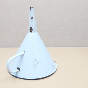 Vintage enamel funnel - White metal funnel with handle - Large rusty funnel - Kitchen pouring tool - Bulgarian enamelware - Old shabby chic