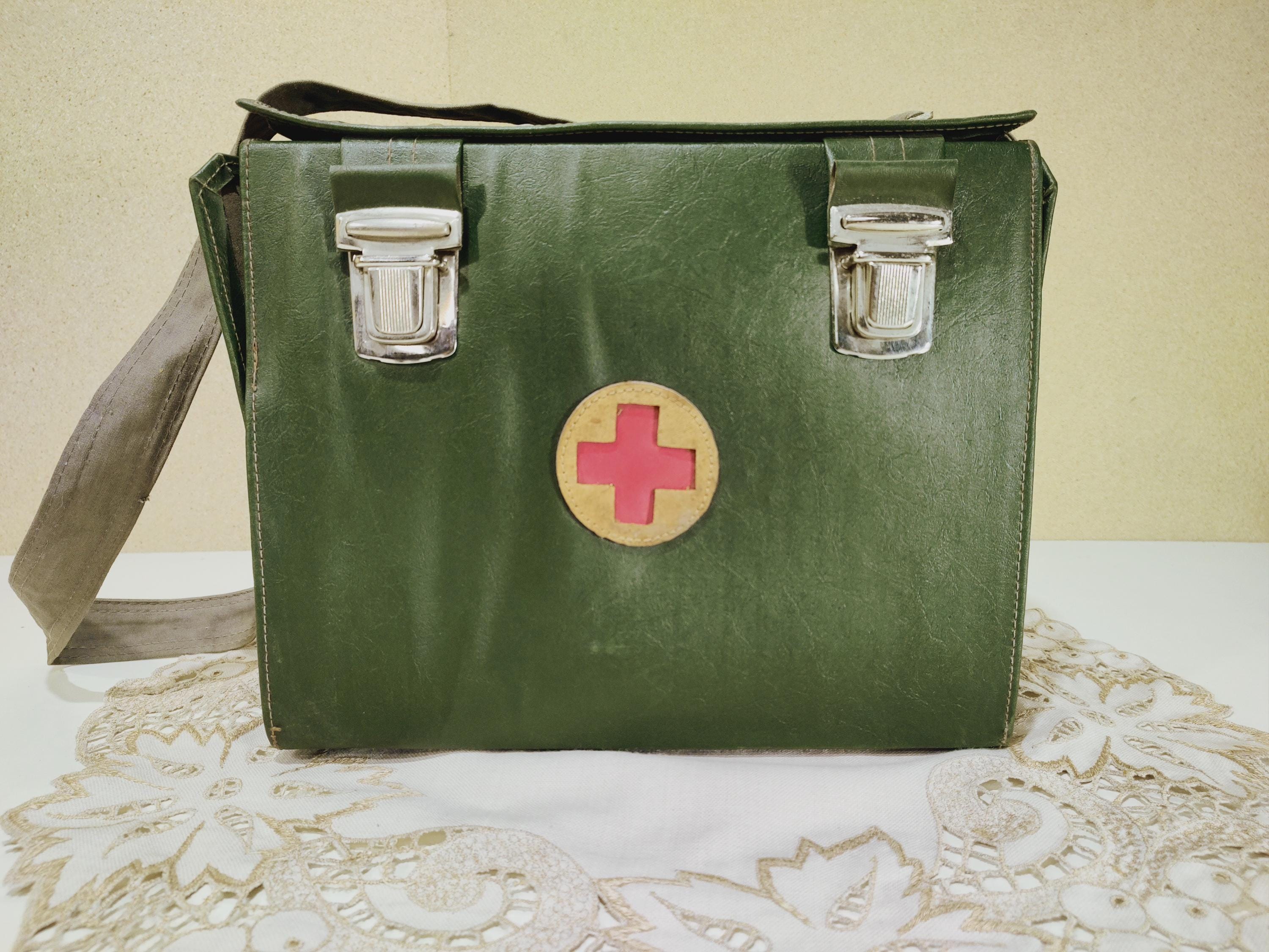 Rare WW2 medical leather bag - Vtg military medic bag - Army doctor red cross bag - Military field medic first aid kit - Soviet bag 1940s