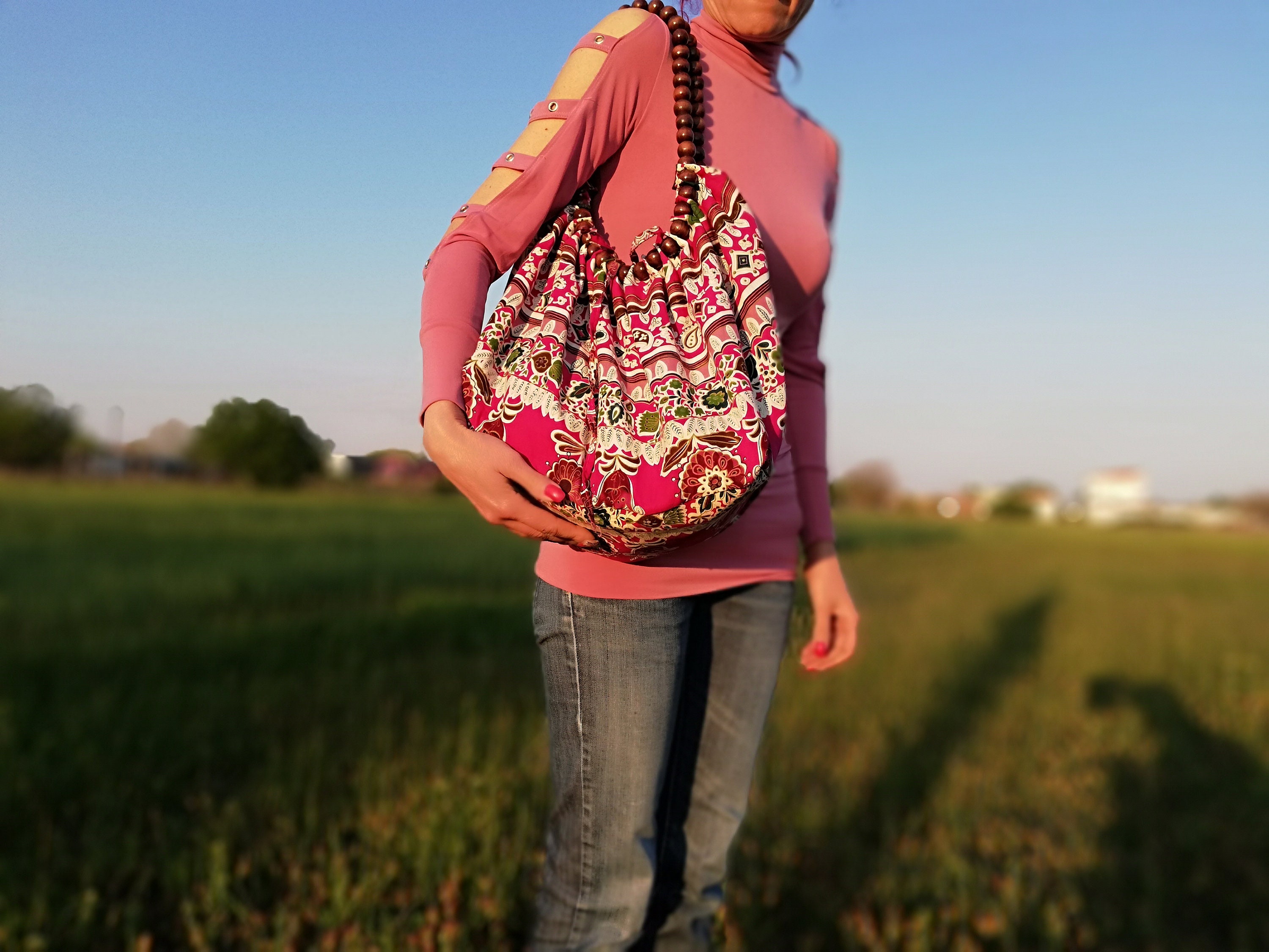 Vintage bag from 80s, Bag from cloth, Two strap bag made of wooden beads, Shoulder bag, Ladies bag, Multicolor bag, Summer bag, Gift idea