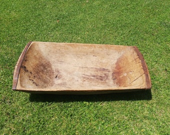 Antique wooden dough bowl - Distressed trencher - Hand carved trough - Primitive large tray - Country rustic bowl 1900's - Farmhouse decor