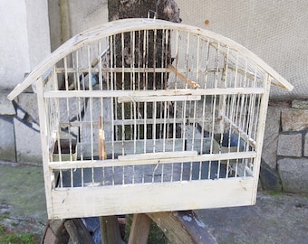 Vintage Handmade Wood & Wire Birdcage: Shabby White Painted Canary Cage