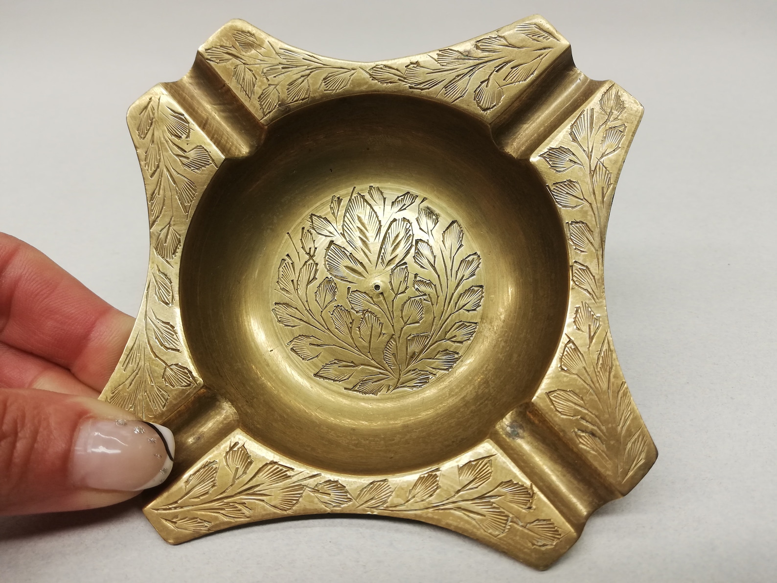 Vintage Brass Ashtray Square Shape Engraved Ashtray Etsy