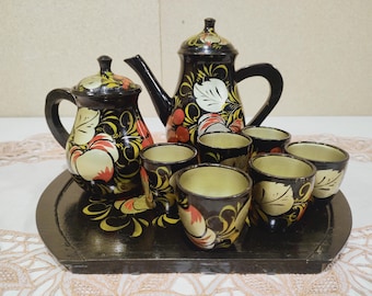 POT GOBELET VERRE en bois laqué de l'URSS KHOKHLOMA objet de cuisine