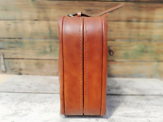 Vintage leather suitcase from 70s, Brown small su… - image 7